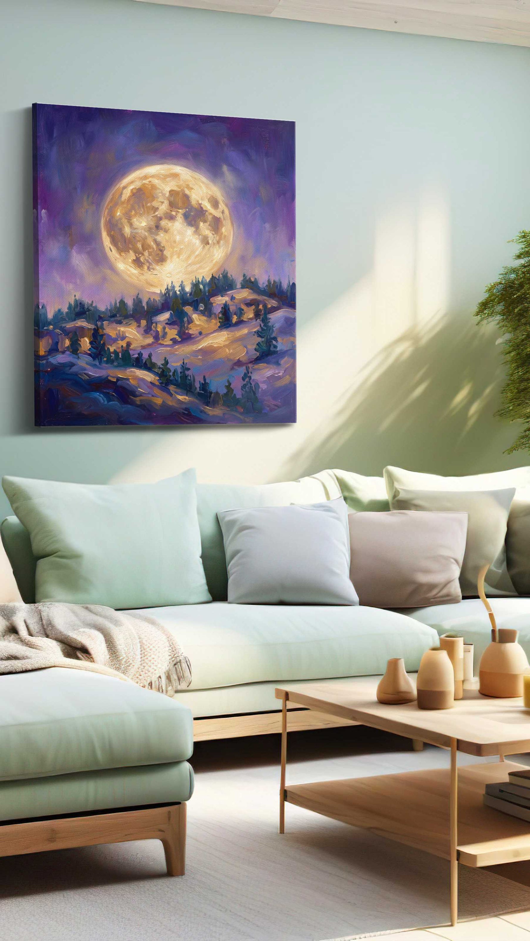 Lunar Glow Over Pines landscape canvas print, hanging on wall