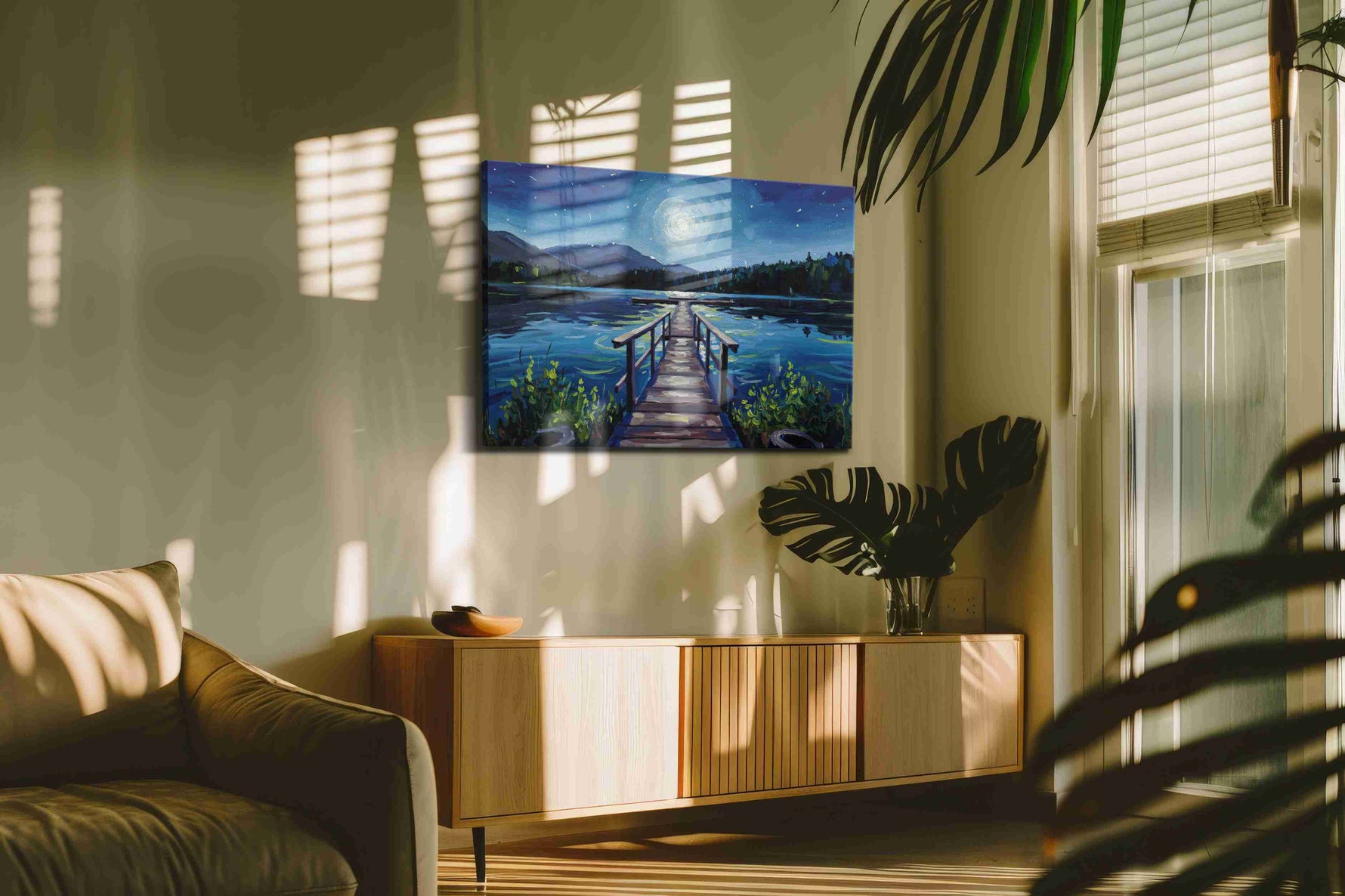 Lunar Reflections Over Tranquil Waters landscape canvas print, displayed in a living room