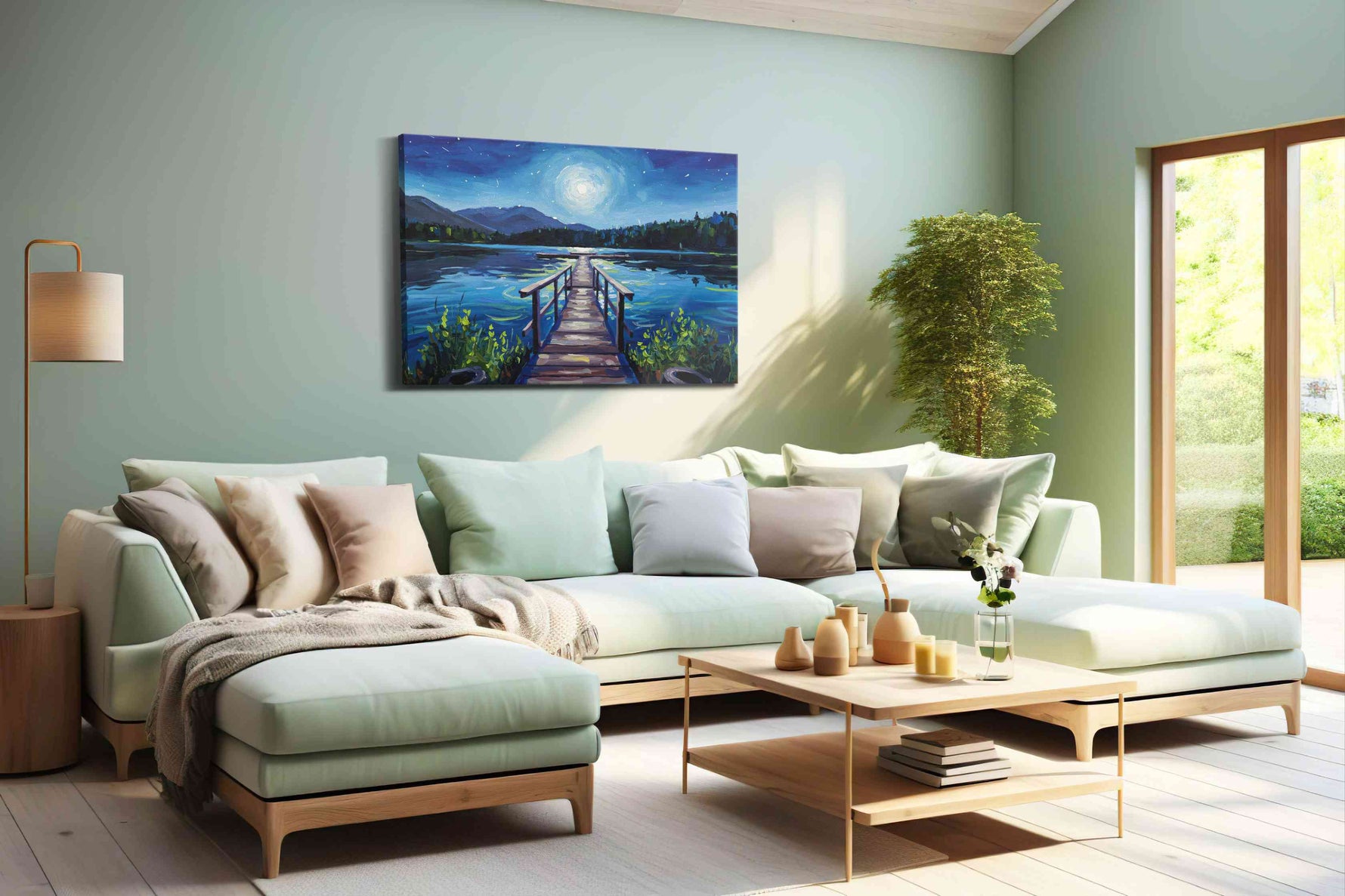 Lunar Reflections Over Tranquil Waters landscape canvas print, hanging on wall