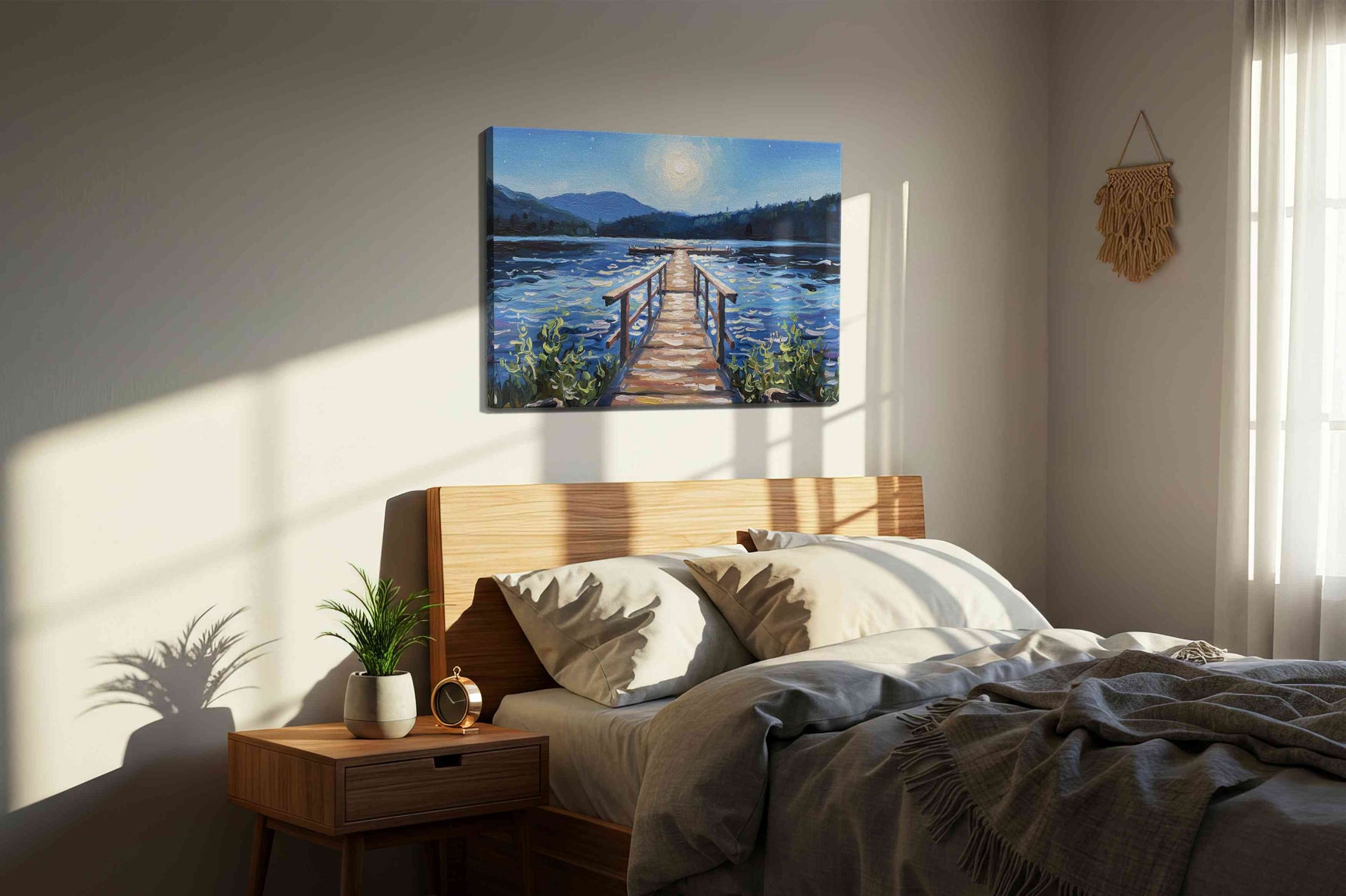 Moonlit Lake Serenity landscape canvas print, displayed in a bedroom