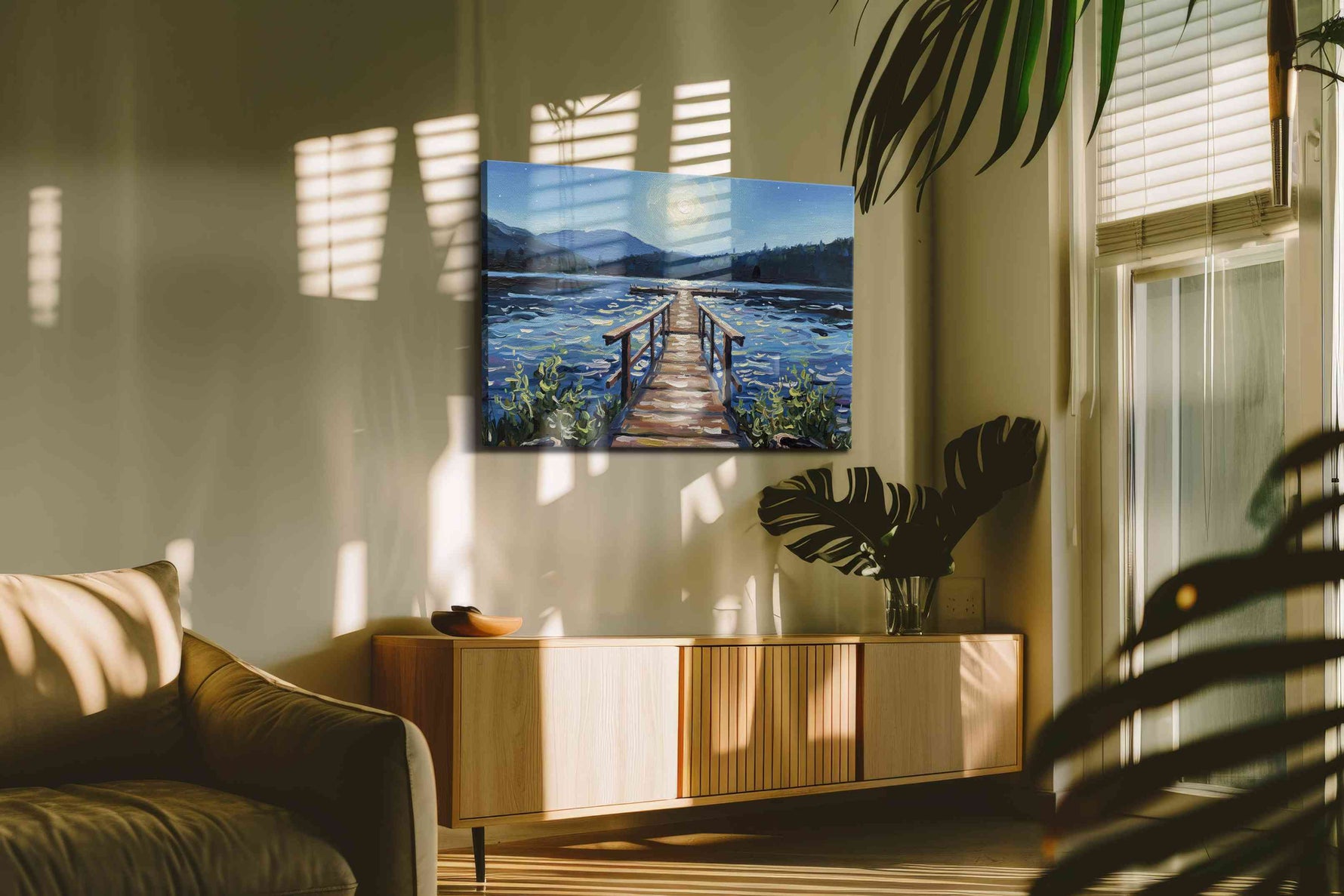 Moonlit Lake Serenity landscape canvas print, on wall, lifestyle preview