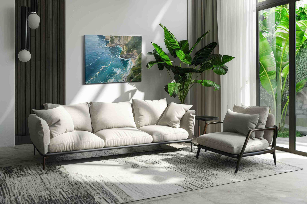 Mystical Cliffs of Azure Shores landscape canvas print in a hung canvas mockup