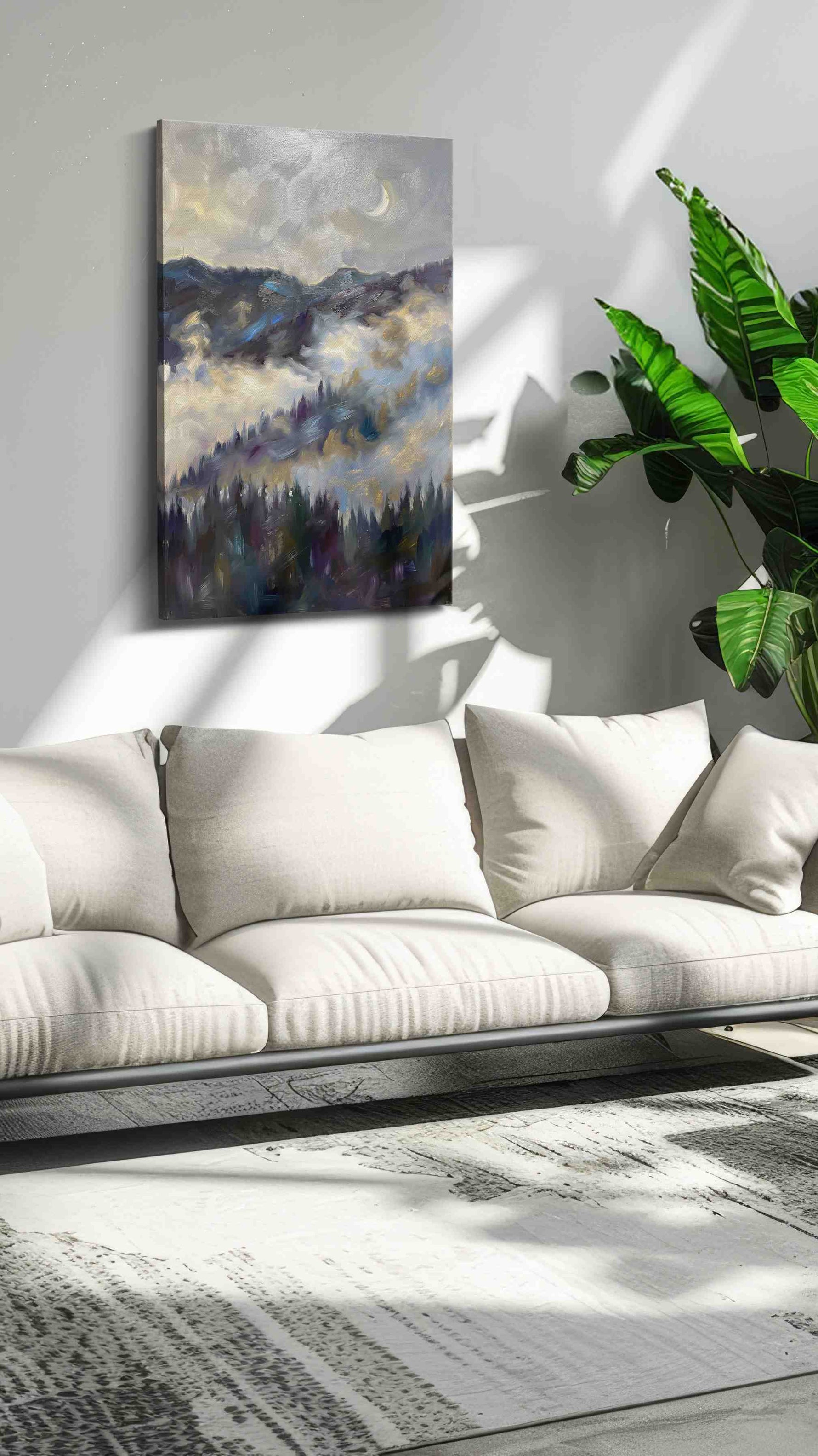 Mystical Mist Over the Peaks landscape canvas print, hanging on wall — in a hung canvas mockup