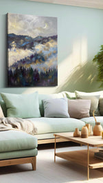 Mystical Mist Over the Peaks landscape canvas print, hanging on wall