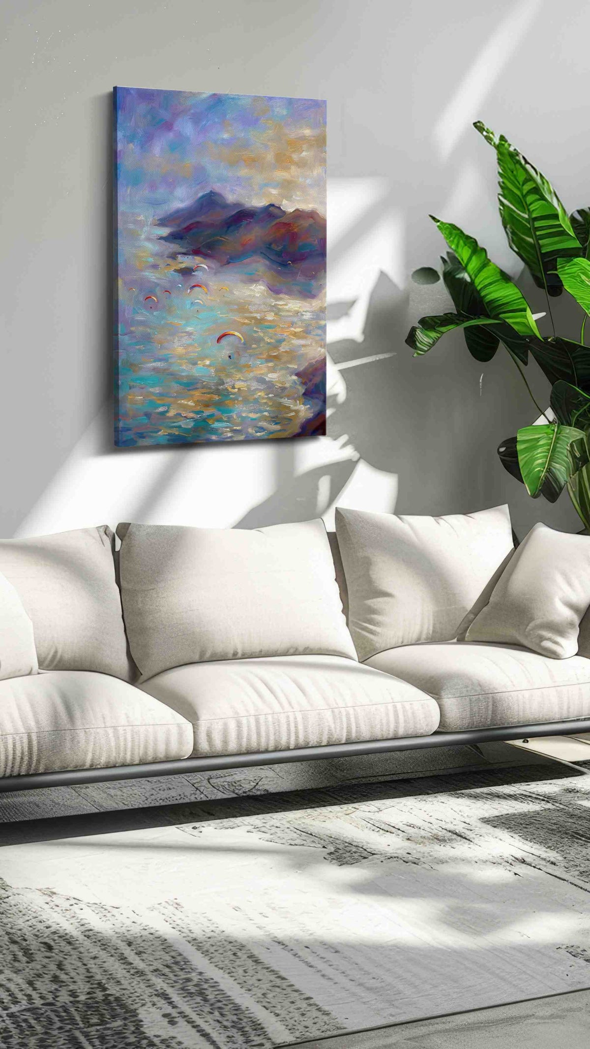 Paragliders at Dusk landscape canvas print in a modern interior mockup