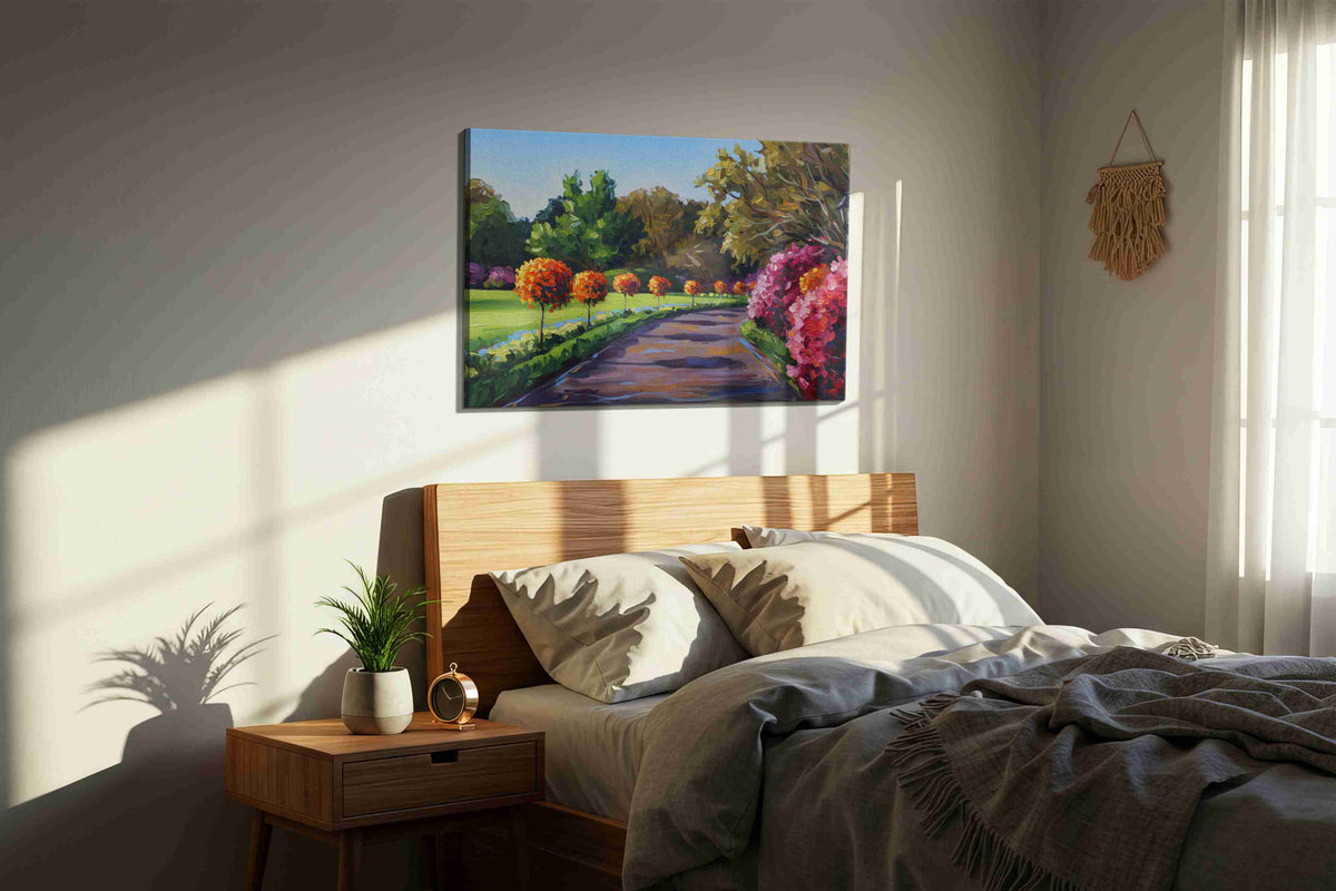 Pathway of Blossoms landscape canvas print, displayed in a bedroom