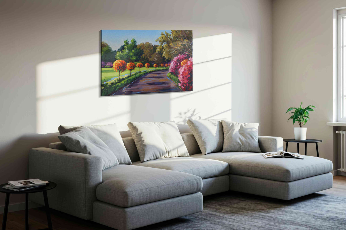 Pathway of Blossoms II landscape canvas print in a living room scene