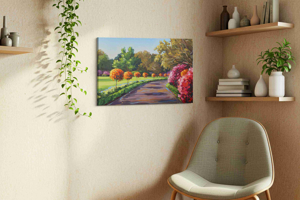 Pathway of Blossoms II landscape canvas print, displayed in a living room