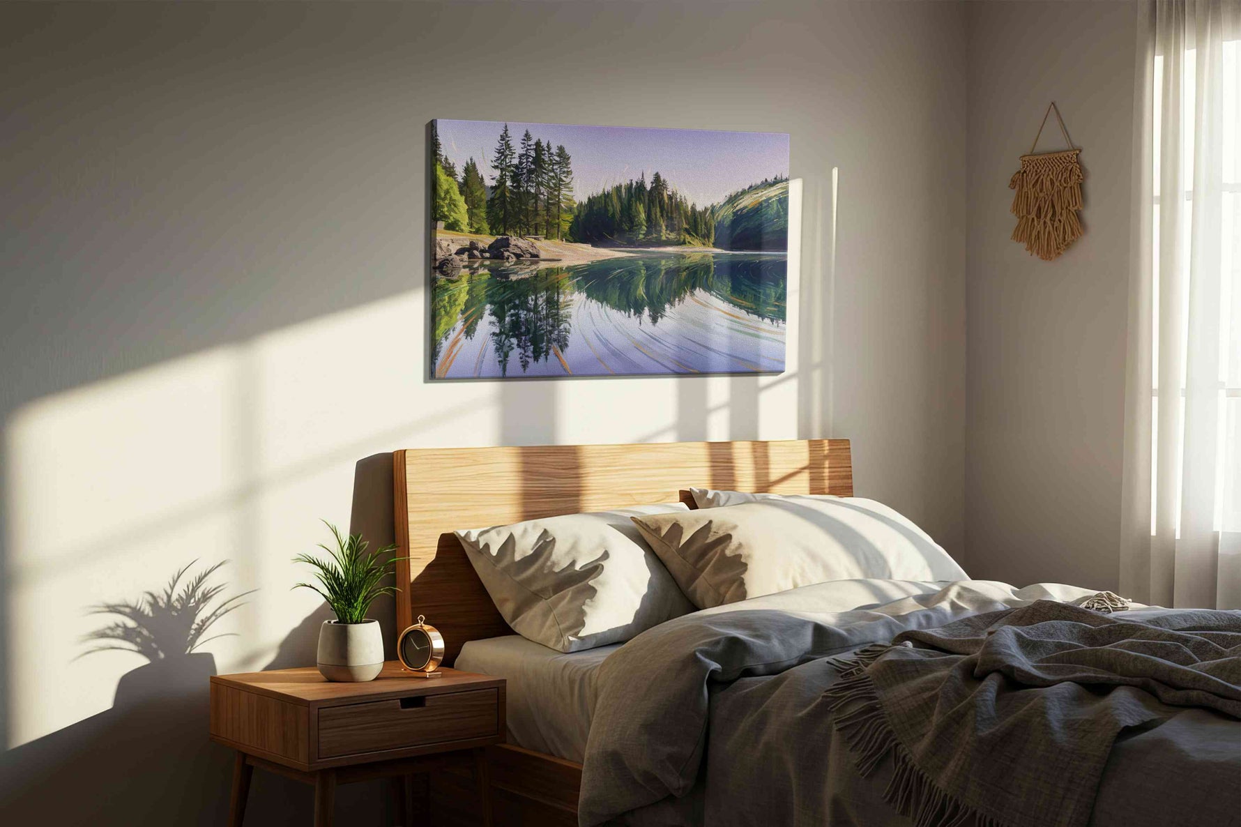 Reflections of Tranquil Pines landscape canvas print, displayed in a bedroom