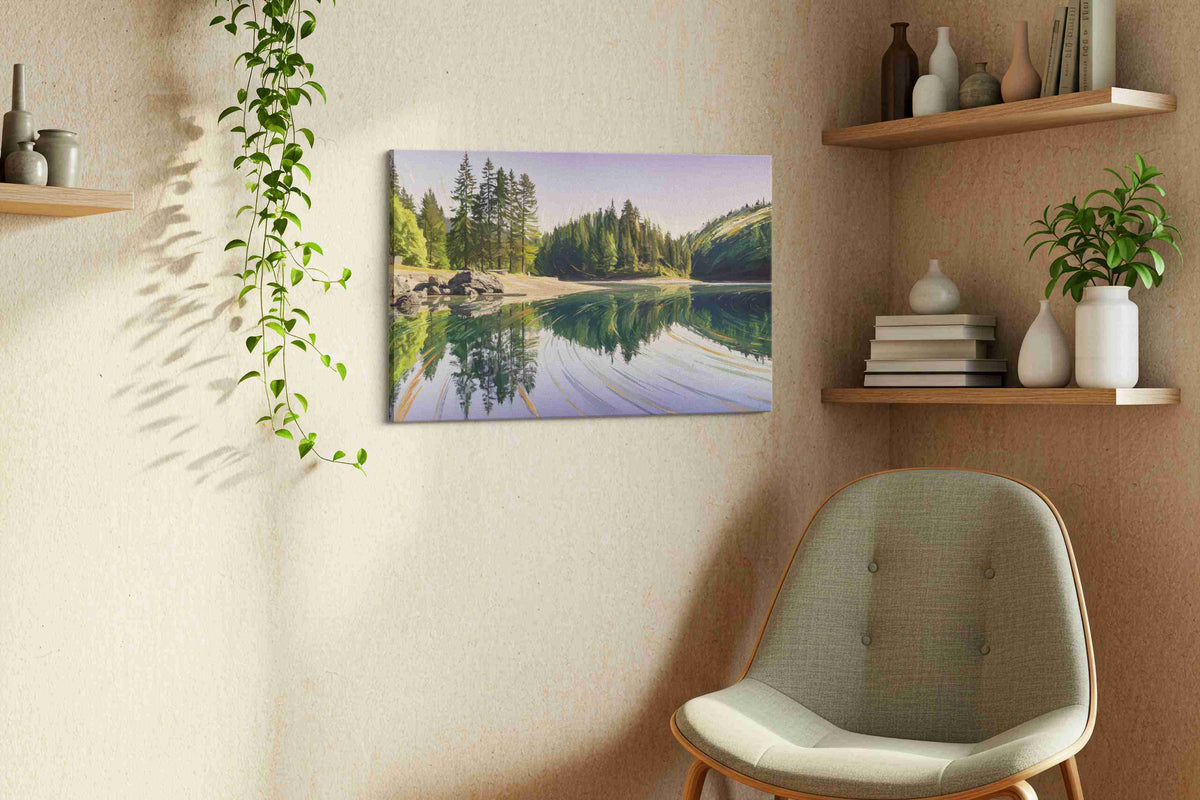 Reflections of Tranquil Pines landscape canvas print, hanging on wall — view 2