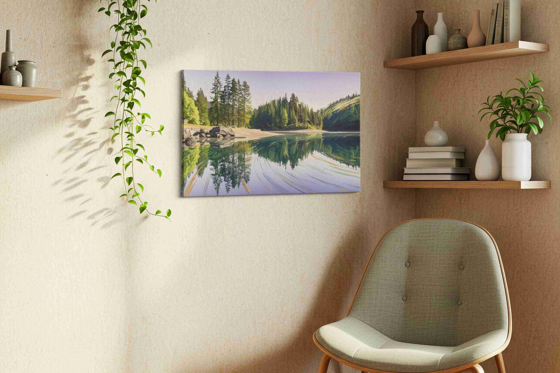 Reflections of Tranquil Pines landscape canvas print, hanging on wall — view 2