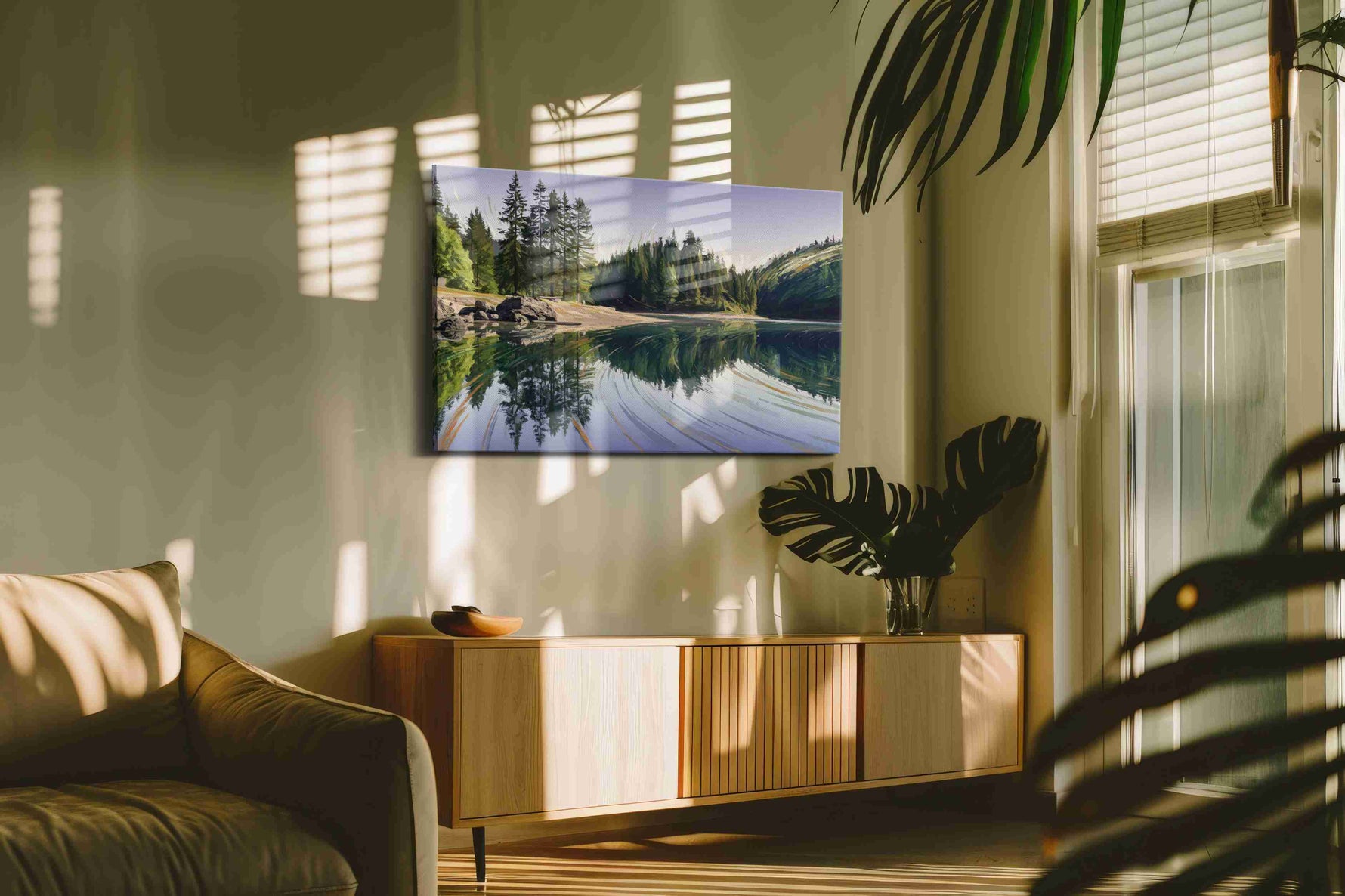Reflections of Tranquil Pines landscape canvas print in a hung canvas mockup