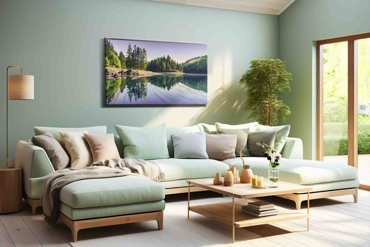 Reflections of Tranquil Pines landscape canvas print shown in a wall scene