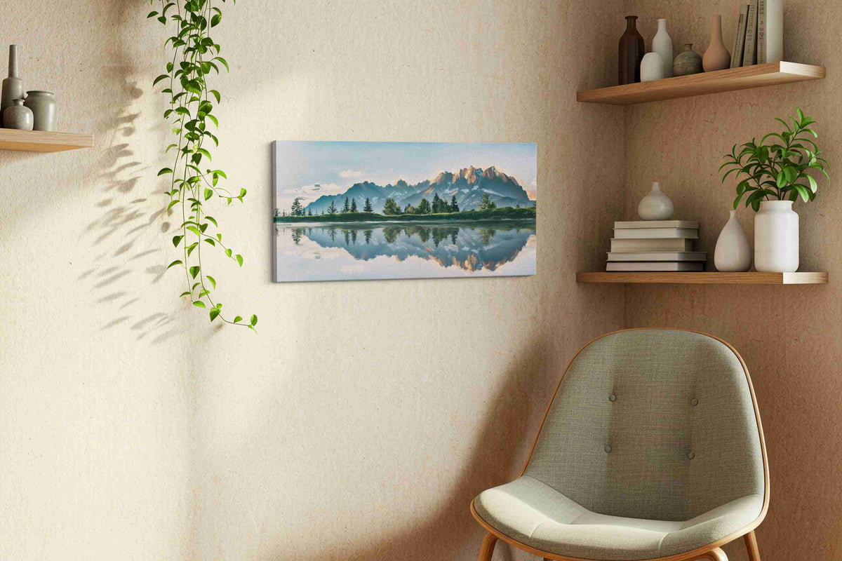 Reflections of the Peaks landscape canvas print, displayed in a living room