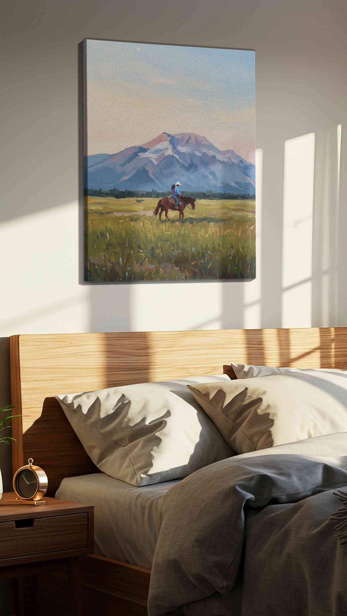 Riders at Dawn's Embrace landscape canvas print, displayed in a bedroom