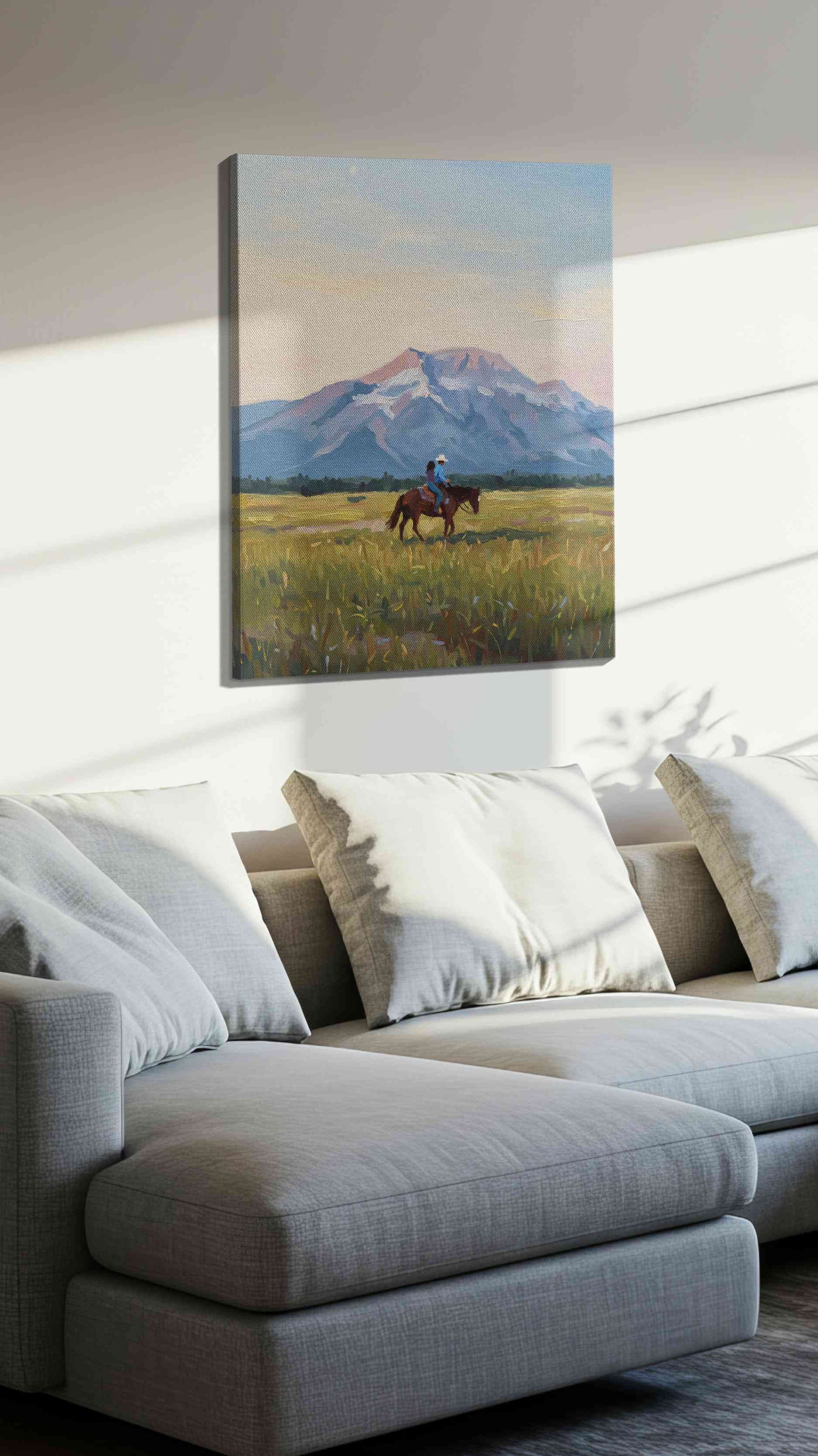 Riders at Dawn's Embrace landscape canvas print, displayed in a living room