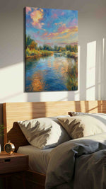 Ripples of Serenity at Dusk landscape canvas print, displayed in a bedroom