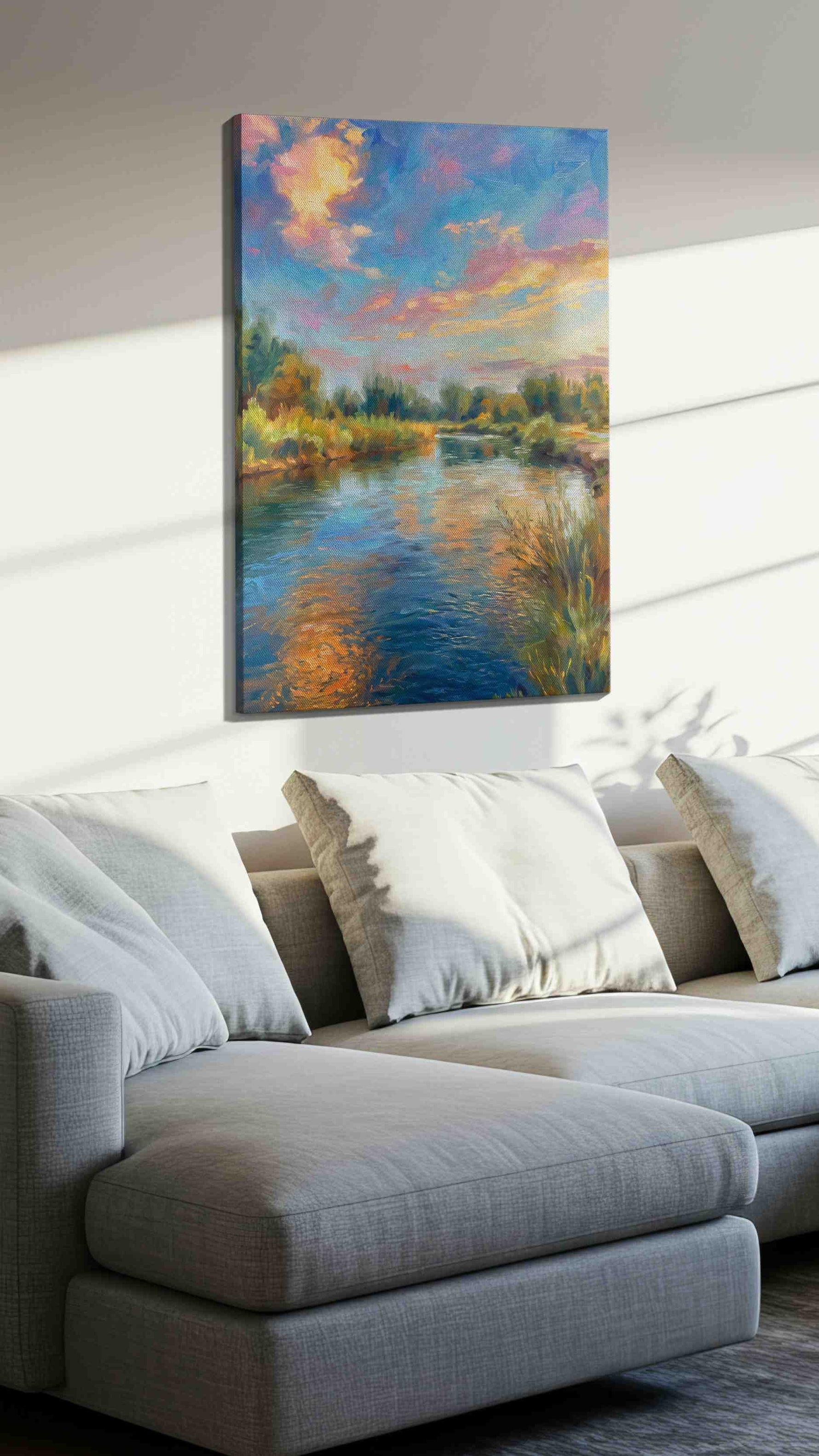 Ripples of Serenity at Dusk landscape canvas print, displayed in a living room