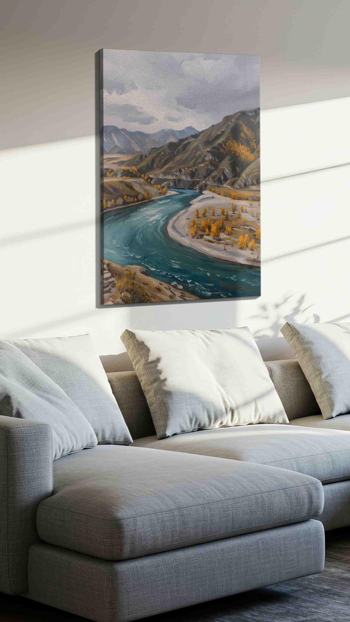 River's Autumn Embrace landscape canvas print, displayed in a living room