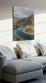 River's Autumn Embrace landscape canvas print, displayed in a living room