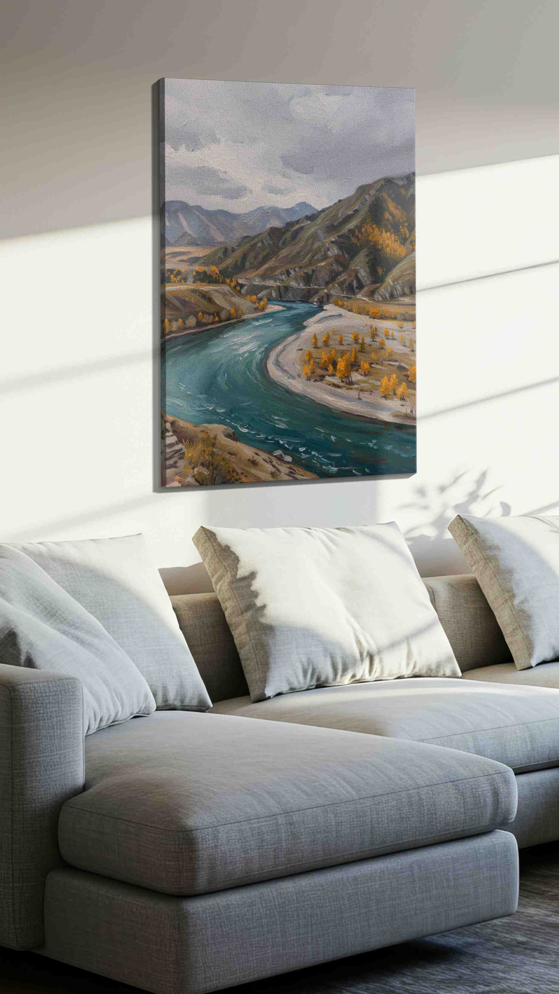 River's Autumn Embrace landscape canvas print, displayed in a living room