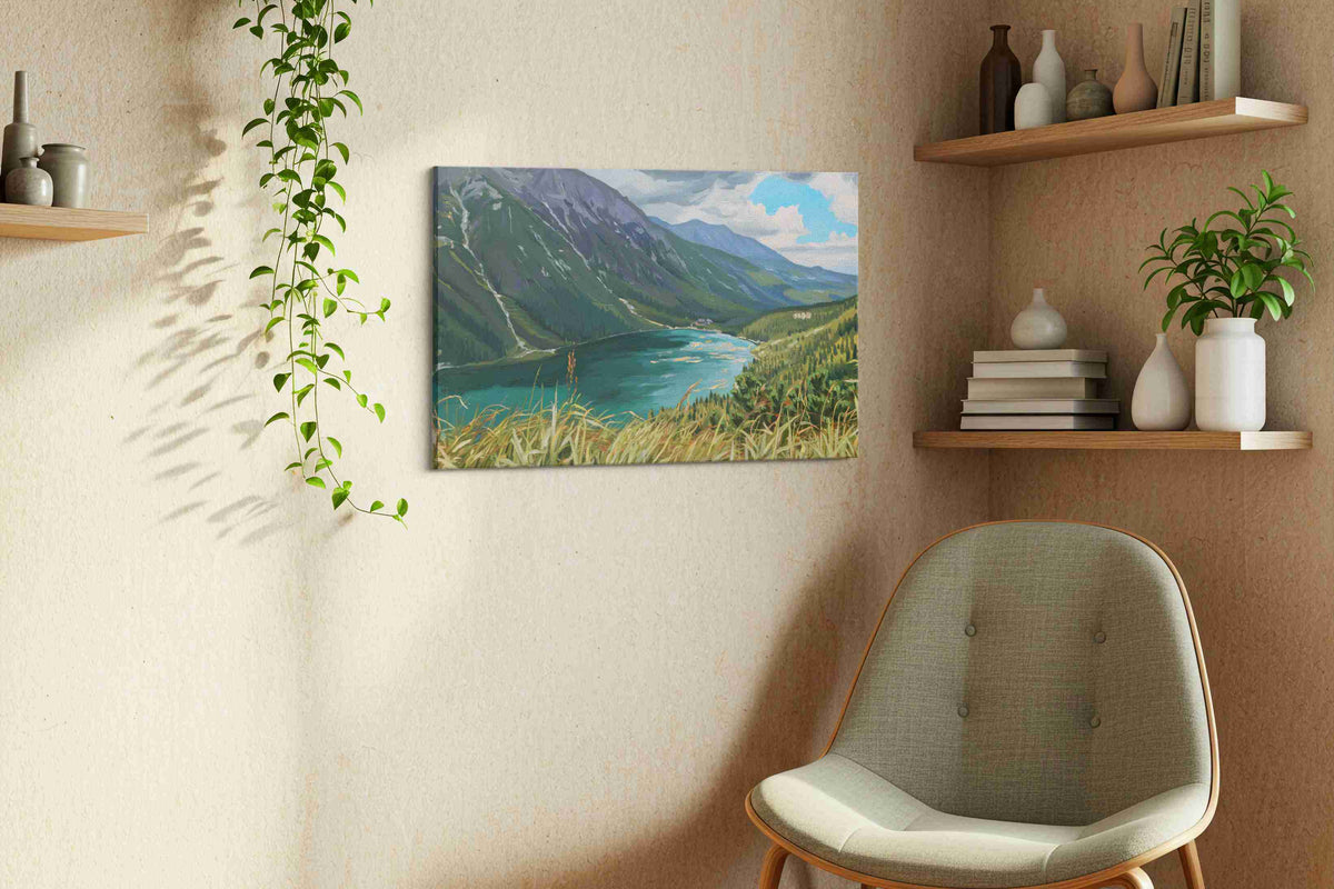 Serenity Beyond the Peaks landscape canvas print, displayed in a living room