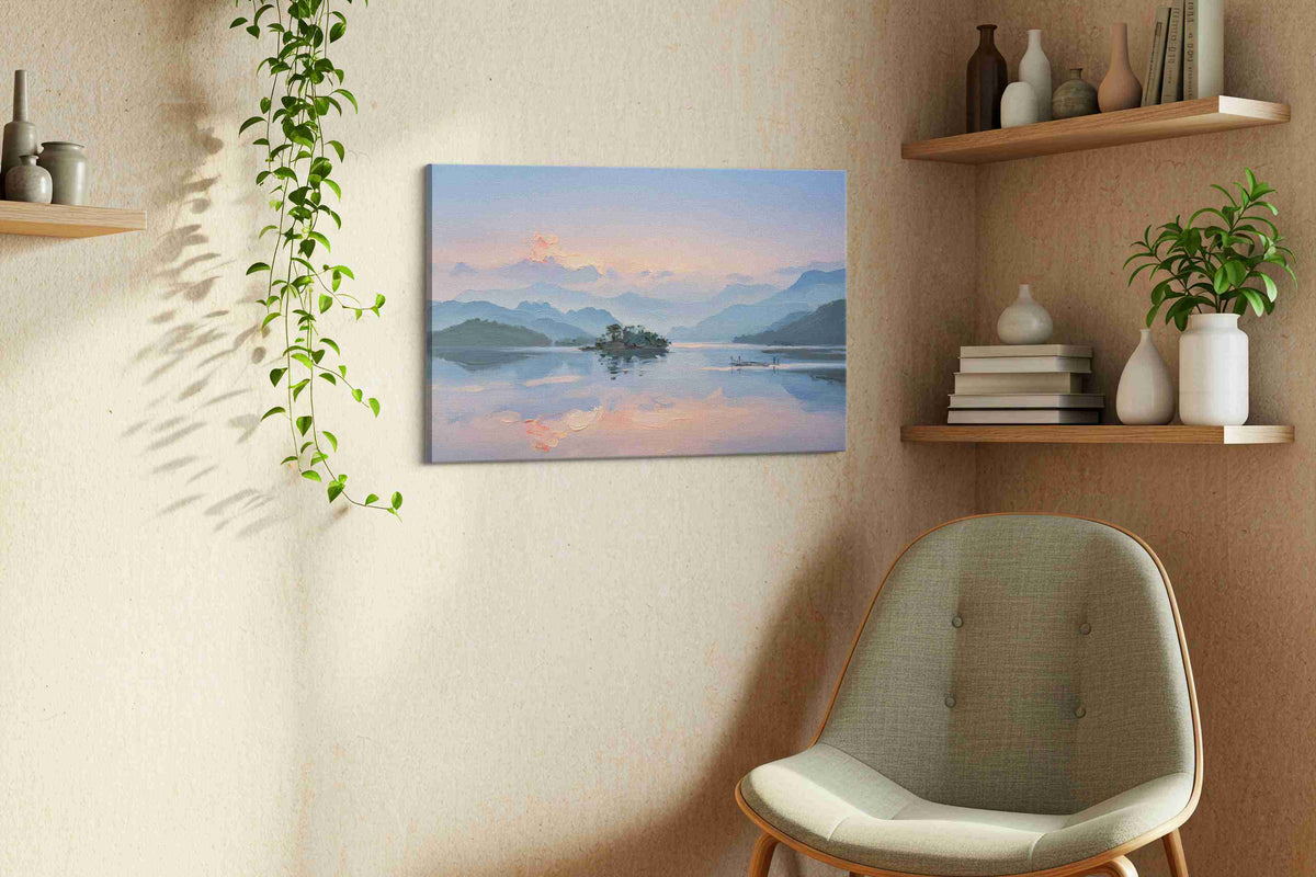 Serenity at Dawn landscape canvas print in a living room scene