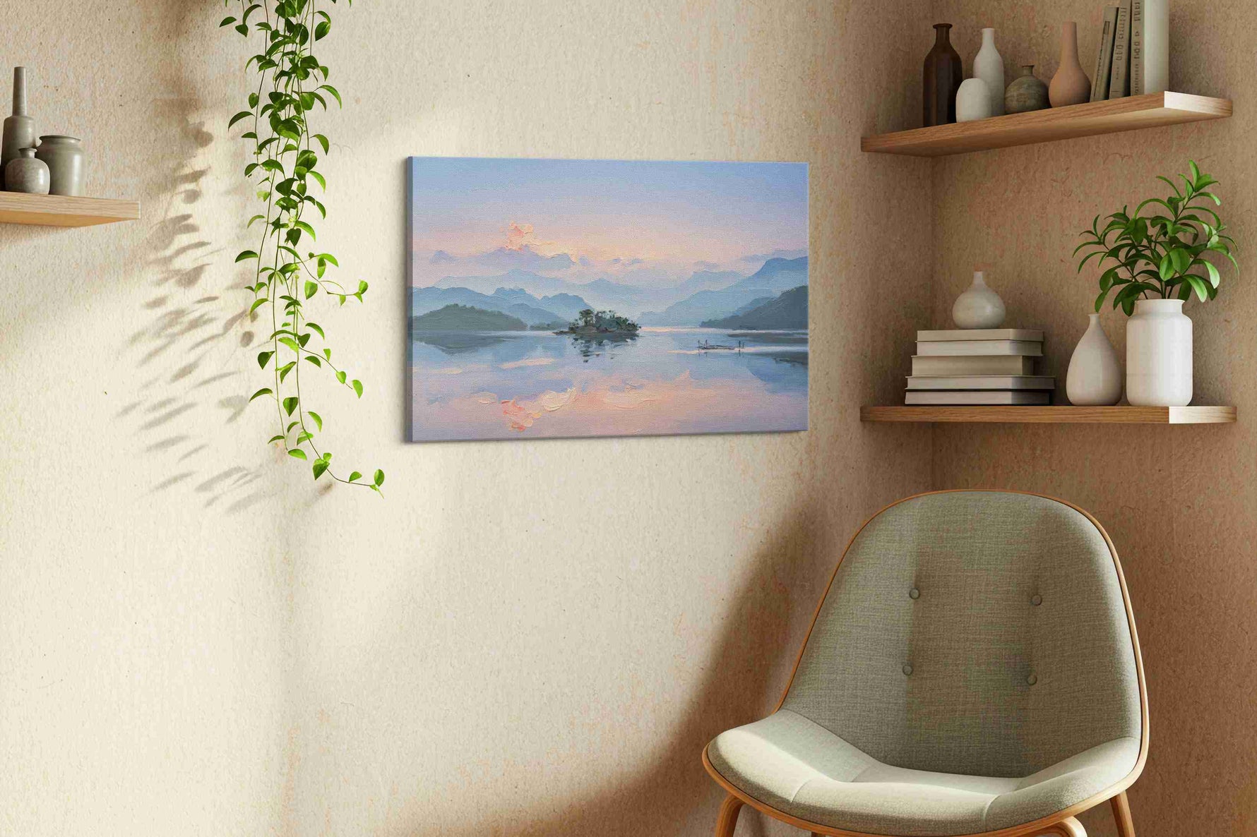 Serenity at Dawn landscape canvas print in a living room scene