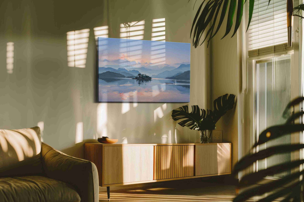 Serenity at Dawn landscape canvas print, on wall, lifestyle preview