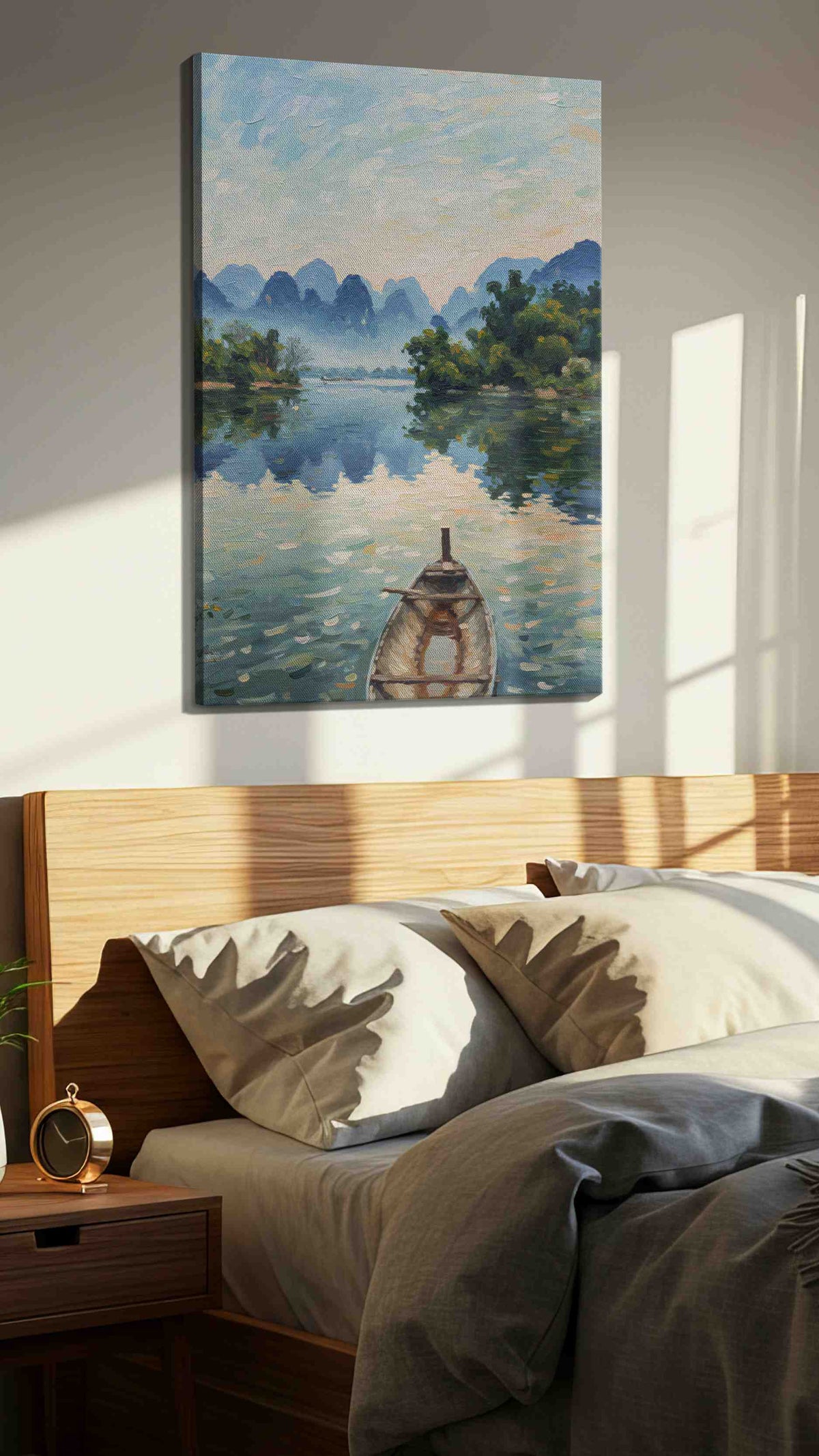 Serenity at Dawn's Embrace landscape canvas print, displayed in a bedroom