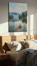 Serenity at Dawn's Embrace landscape canvas print, displayed in a bedroom