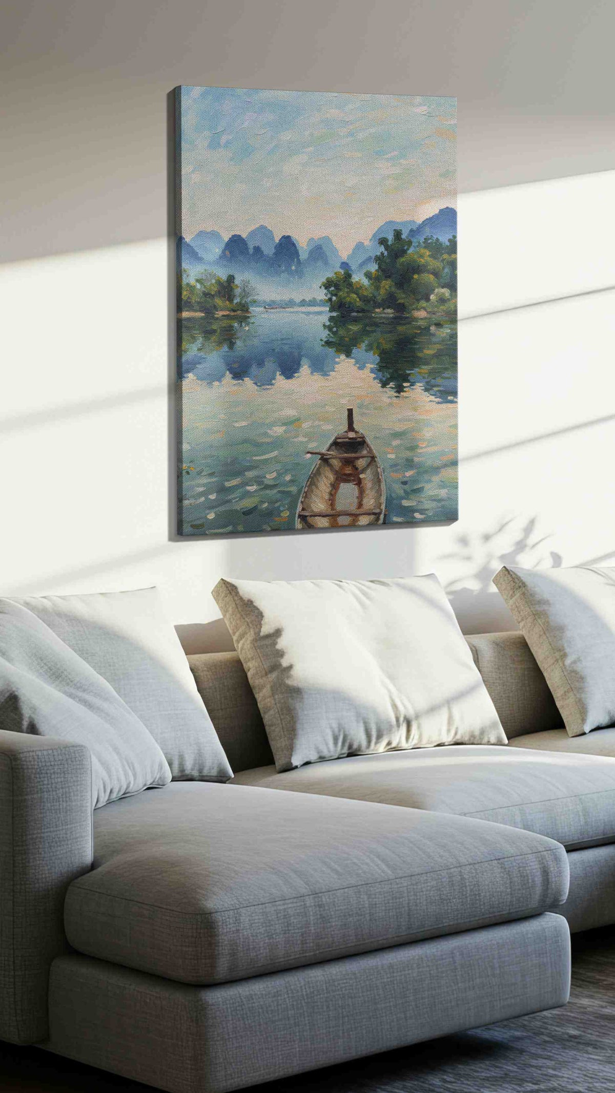 Serenity at Dawn's Embrace landscape canvas print, displayed in a living room