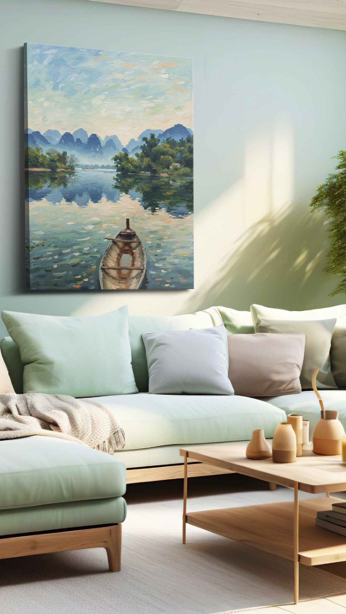 Serenity at Dawn's Embrace landscape canvas print, hanging on wall