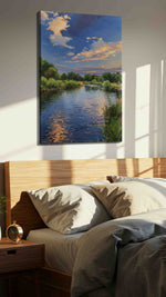 Serenity by the Riverside landscape canvas print, displayed in a bedroom