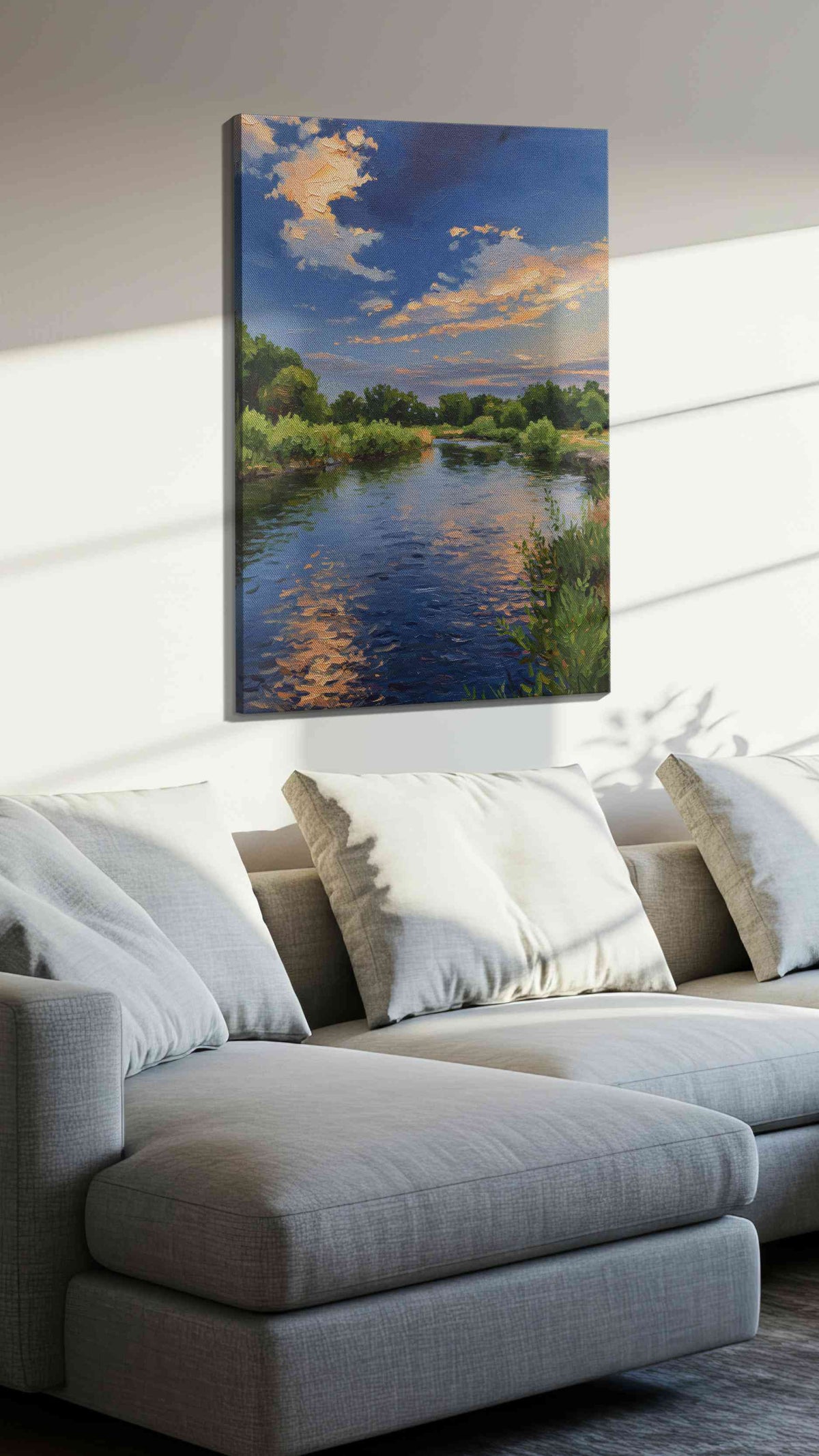 Serenity by the Riverside landscape canvas print, displayed in a living room