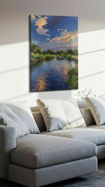 Serenity by the Riverside landscape canvas print, displayed in a living room