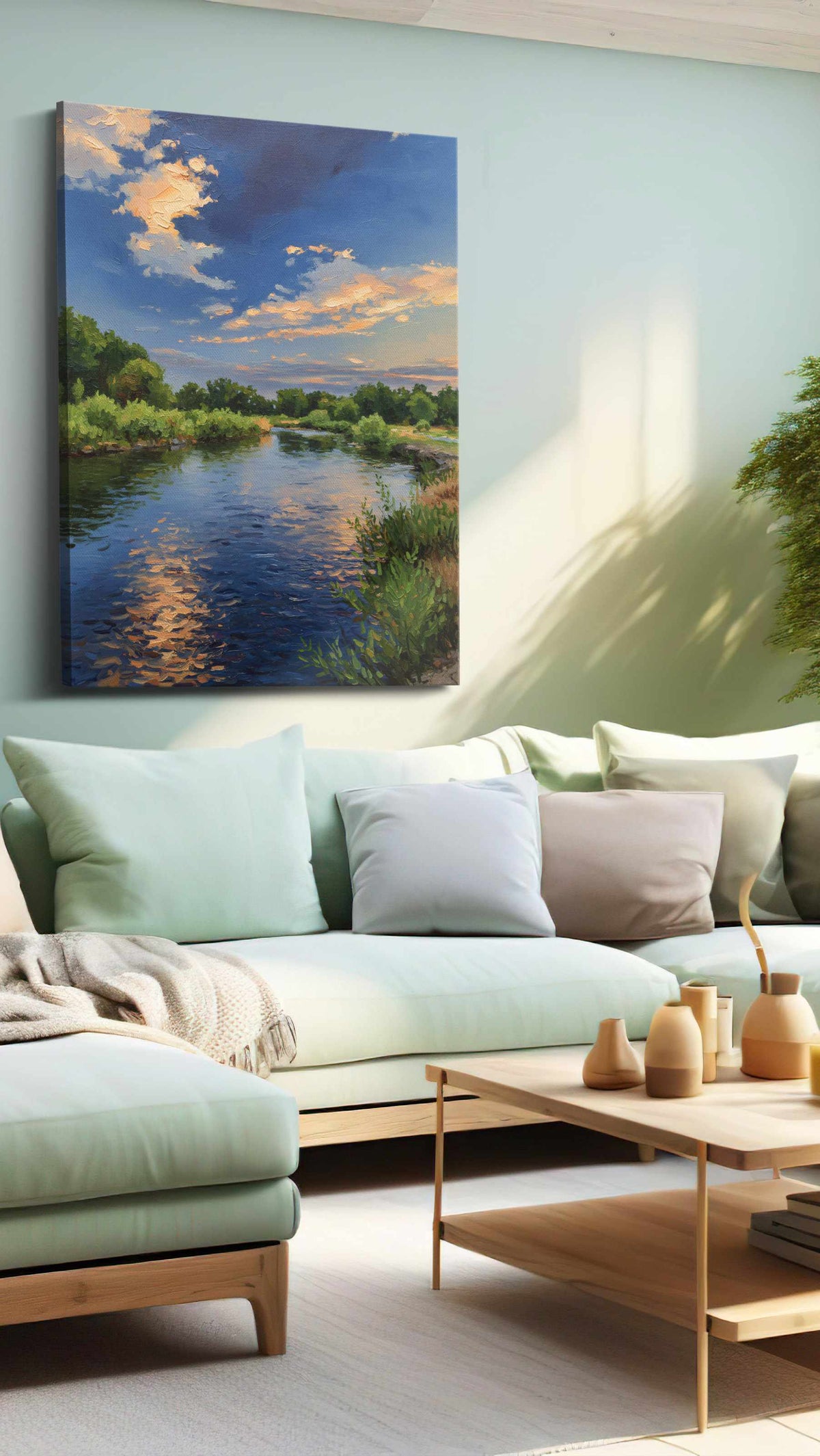 Serenity by the Riverside landscape canvas print, hanging on wall