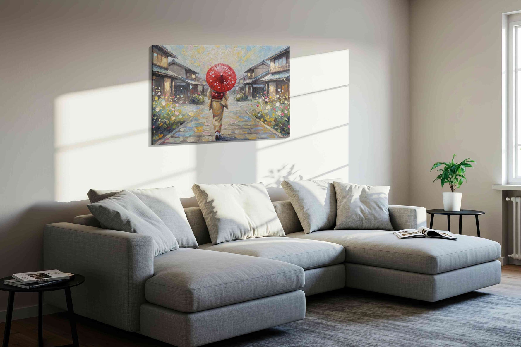 Serenity in Sakura Streets landscape canvas print styled in a living room