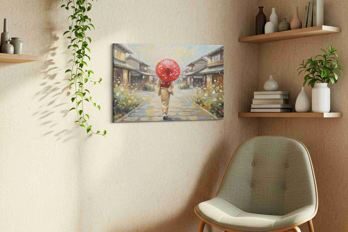 Serenity in Sakura Streets landscape canvas print, displayed in a living room