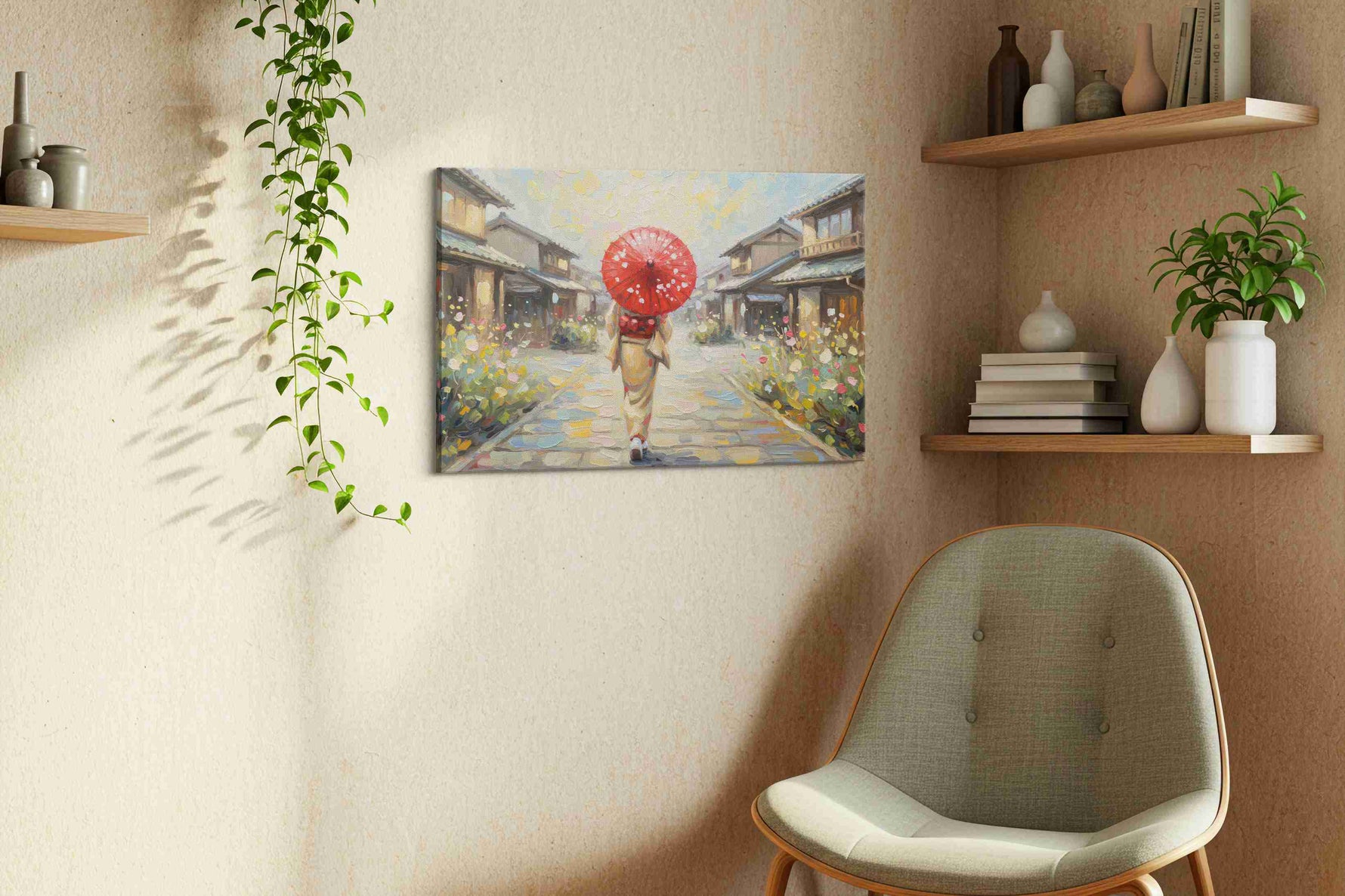 Serenity in Sakura Streets landscape canvas print, displayed in a living room
