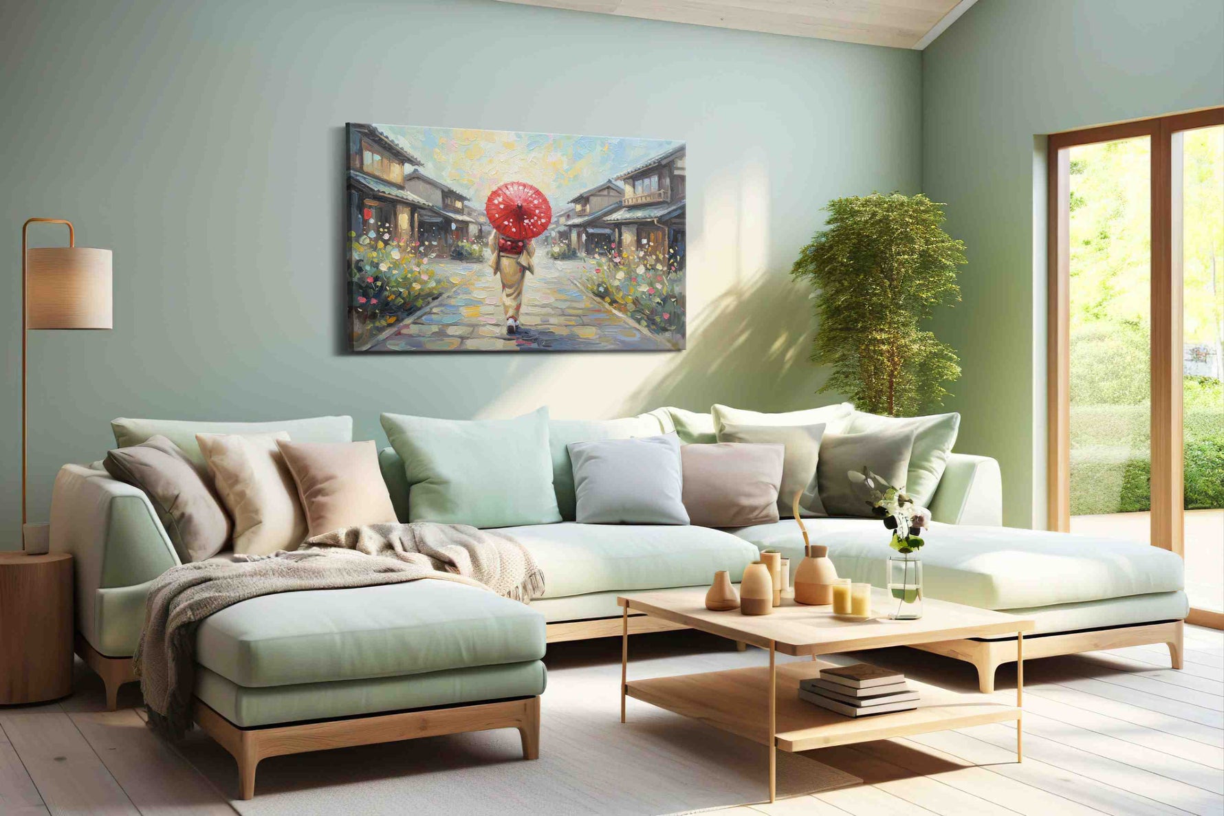Serenity in Sakura Streets landscape canvas print shown in a wall scene