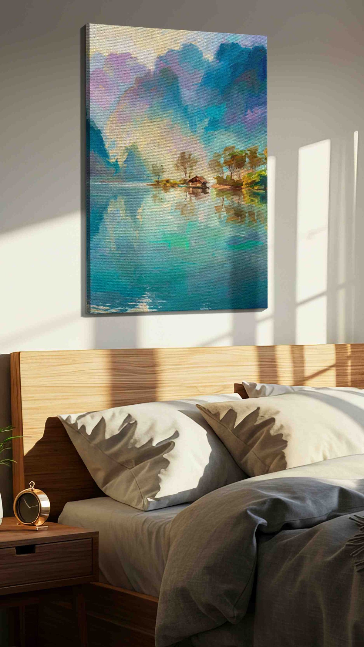 Serenity's Reflection landscape canvas print, displayed in a bedroom