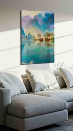 Serenity's Reflection landscape canvas print, displayed in a living room