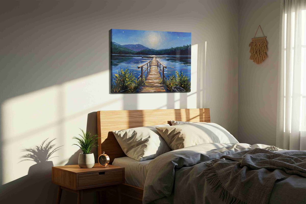 Starlit Serenity on the Lake landscape canvas print, displayed in a bedroom