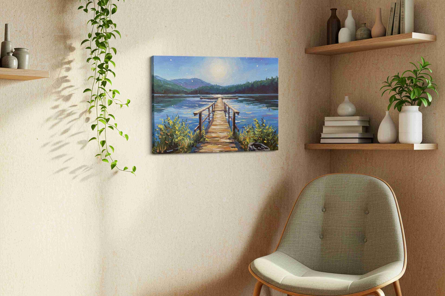 Starlit Serenity on the Lake landscape canvas print, hanging on wall