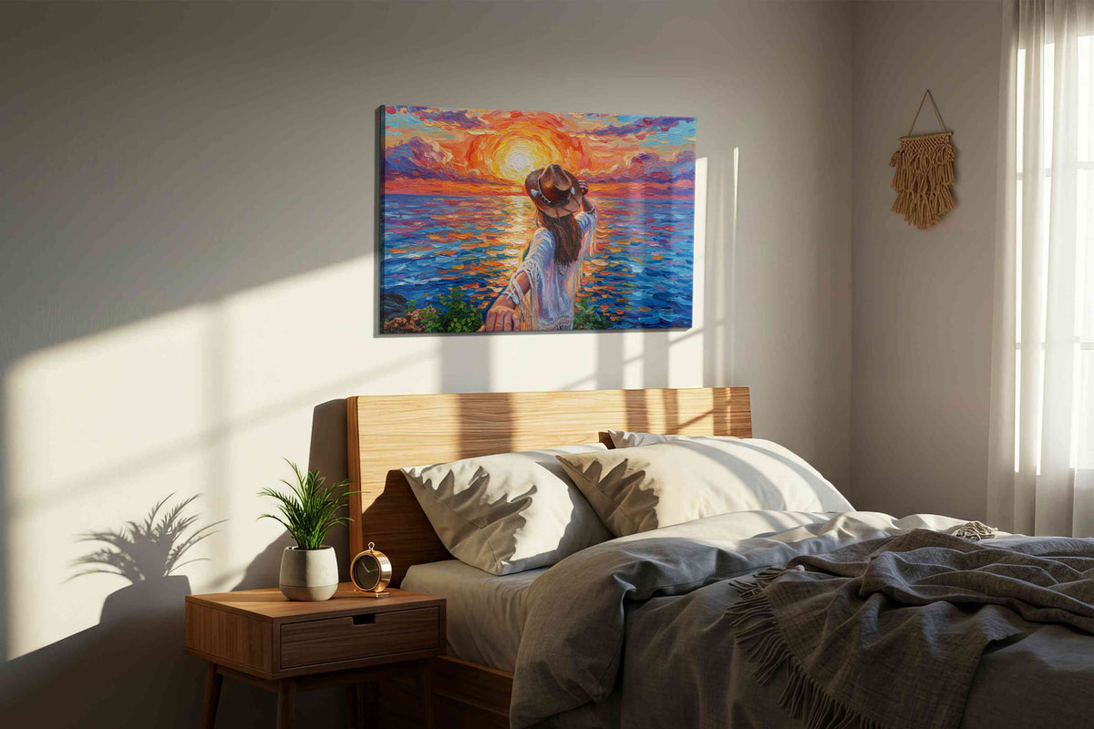 Sunset Symphony Embrace romance canvas print, displayed in a bedroom