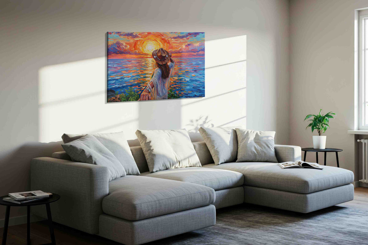 Sunset Symphony Embrace romance canvas print, displayed in a living room