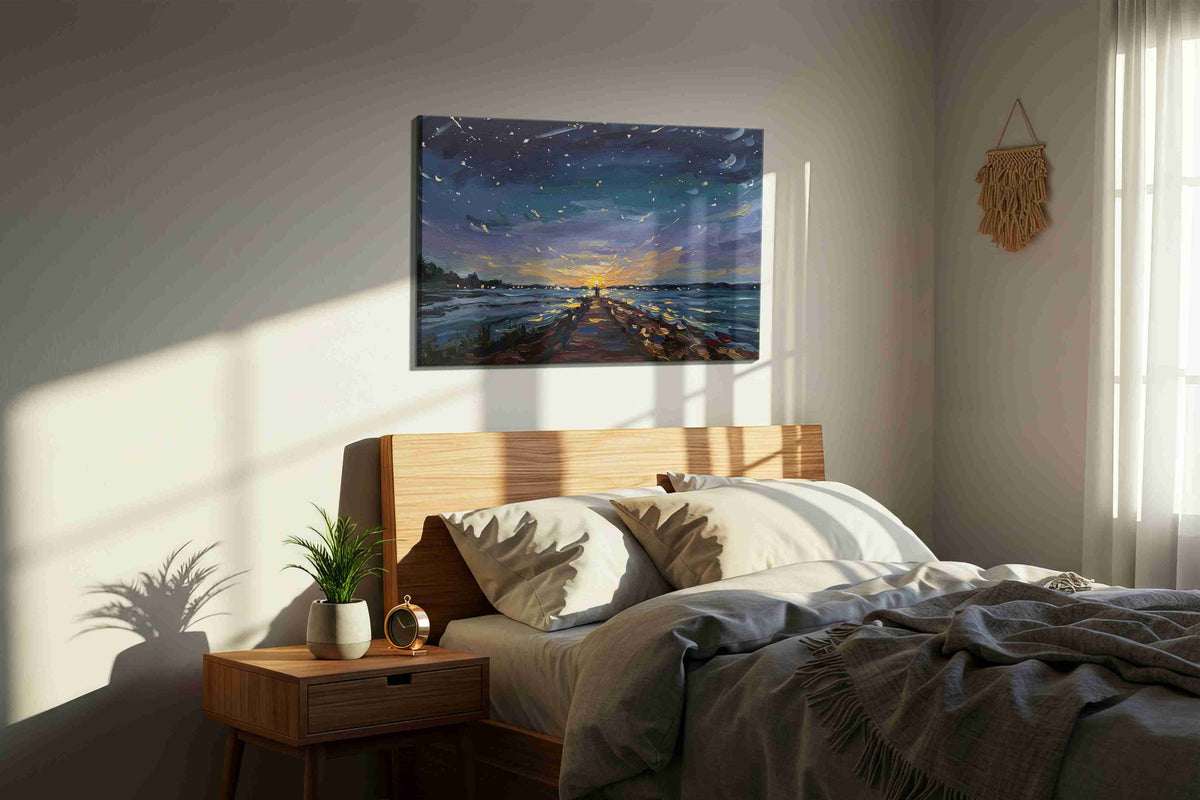 Sunset Symphony on the Pier landscape canvas print, displayed in a bedroom