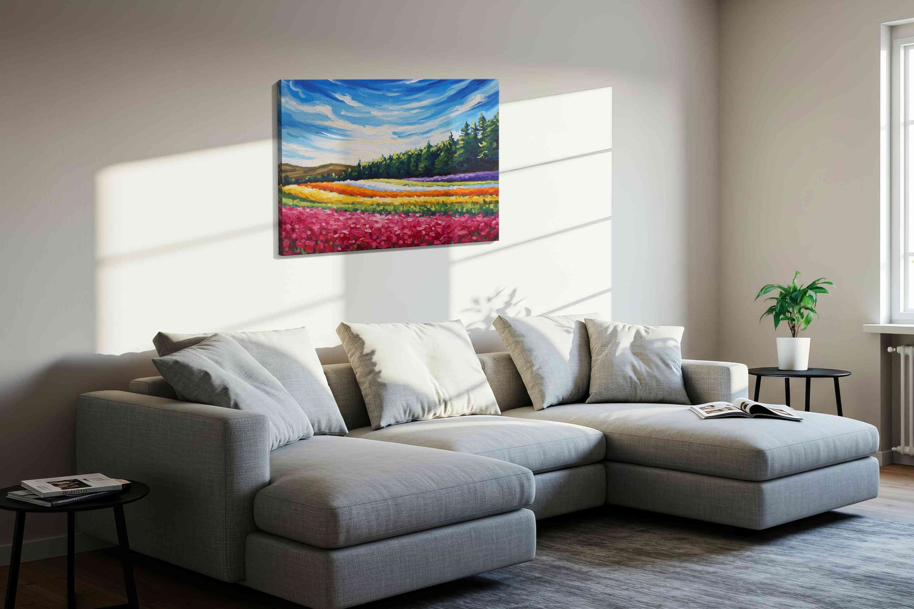 Symphony of Spring Fields landscape canvas print, displayed in a living room