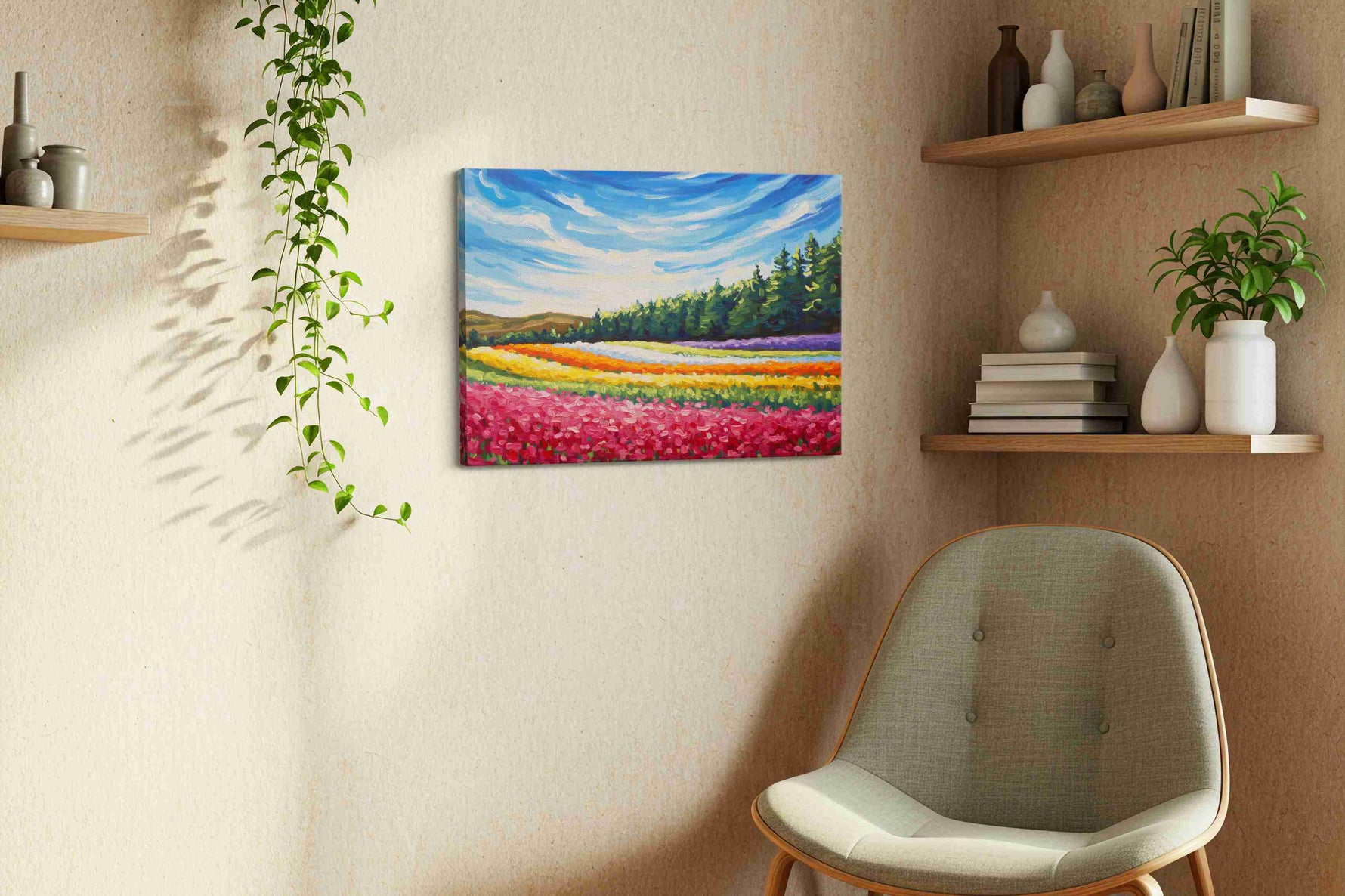 Symphony of Spring Fields landscape canvas print styled in a living room